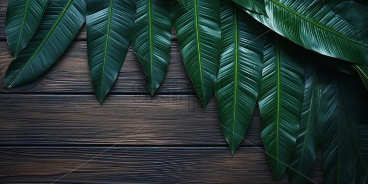 Leaves of tropical plants on a wooden background - Starpik Stock