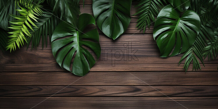 Leaves of tropical plants on a wooden background - Starpik Stock