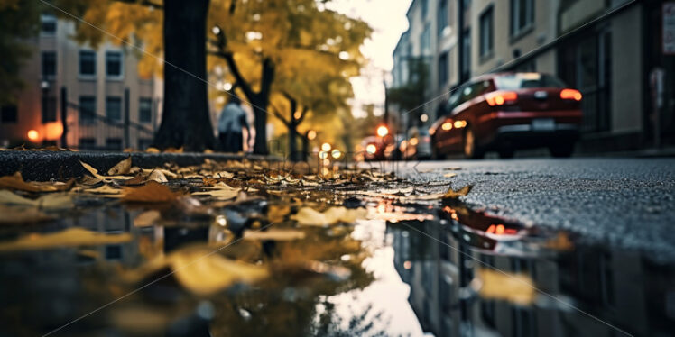 Leaves on the streets, and the sky is reflected in the water - Starpik Stock