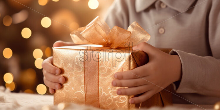 Little boy unpacking a gift christmas eve - Starpik Stock