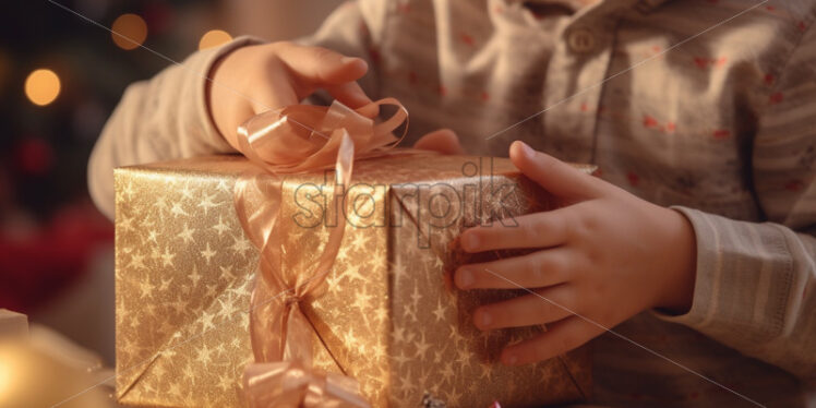 Little boy unpacking a gift christmas eve - Starpik Stock