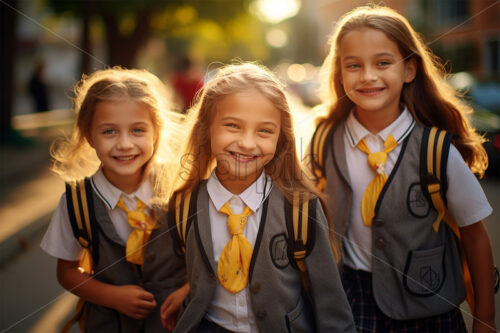 Little girls in school uniform smiling and laughing. back to school portraits - Starpik