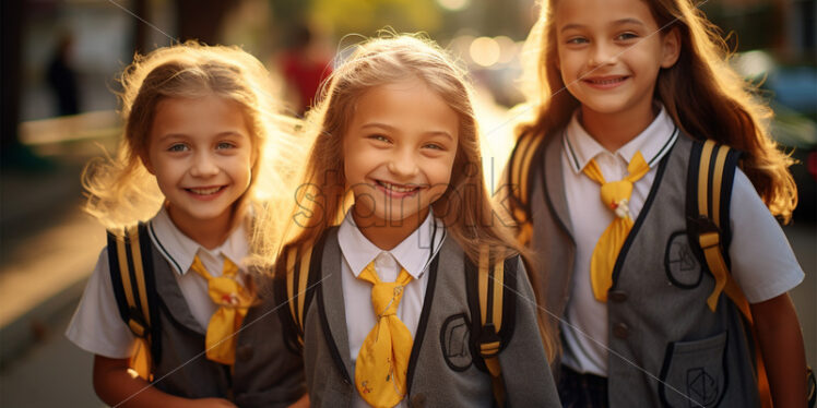 Little girls in school uniform smiling and laughing. back to school portraits - Starpik