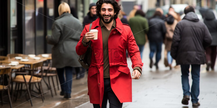 Londoner business man looks so happy while walking on the streets of london 9 am in the morning holding a coffee on his left hand - Starpik Stock