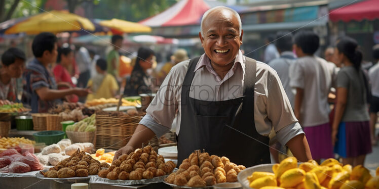 Male Thai's Vendor in front of his merchandise in the street of Bangkok looks happy of his product - Starpik Stock