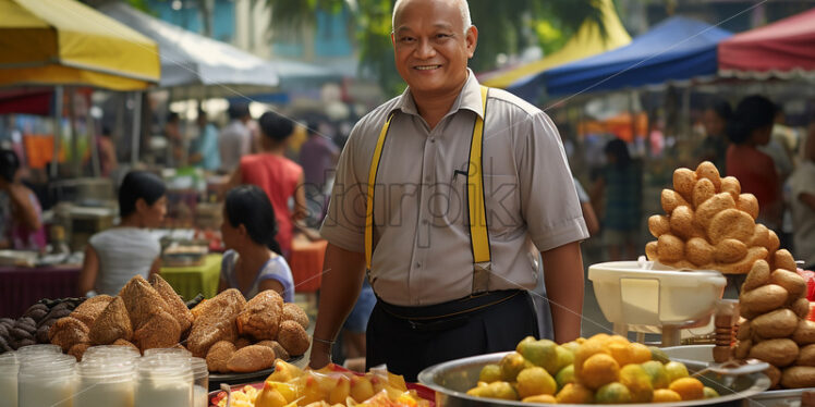 Male Thai's Vendor in front on his merchandise in the street of Bangkok  - Starpik Stock