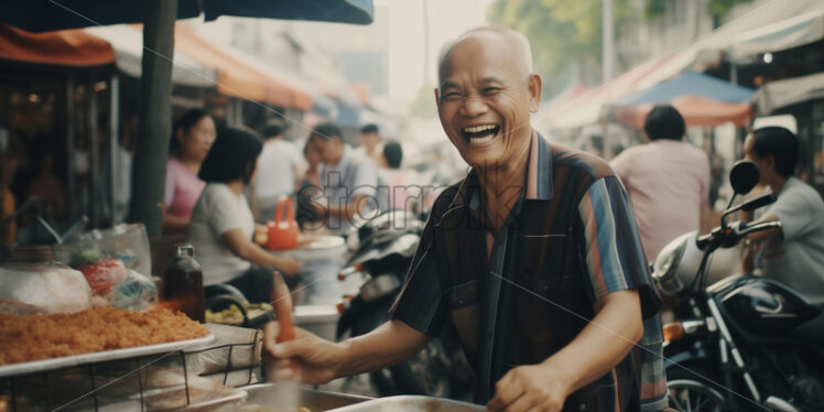 Male Thai's Vendor in the street of Bangkok laughing while cooking fried meat in front of his costumer - Starpik Stock