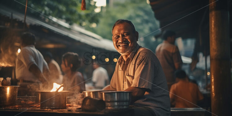 Male Thai's Vendor in the street of Bangkok look so happy while cooking street foods in front of his costumer - Starpik Stock