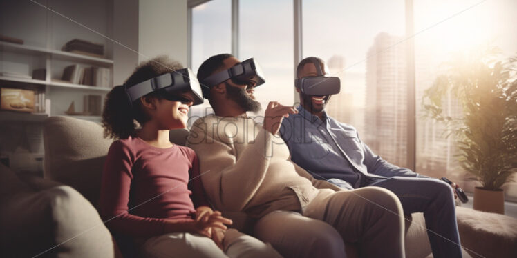 Man and kids playing games with VR glasses at home, afro american family - Starpik Stock