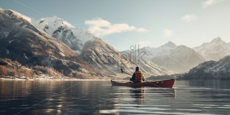 Man on a canoe in mountains lake snowy winter - Starpik Stock