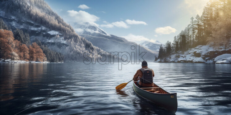 Man on a canoe in the lake winter time - Starpik Stock