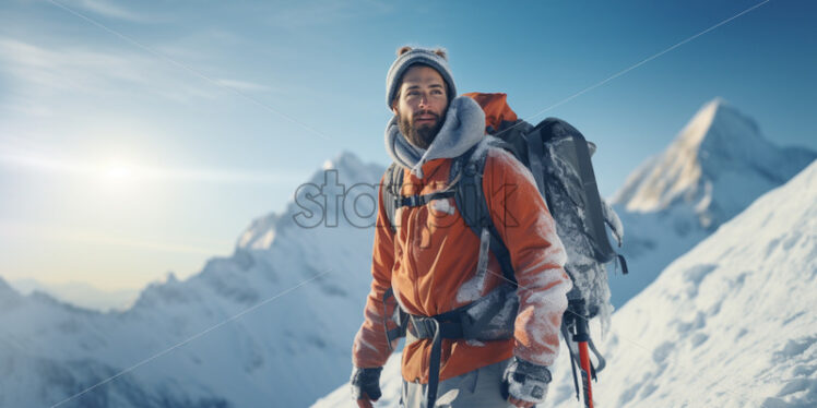 Man on a mountain hiking snowy winter - Starpik Stock