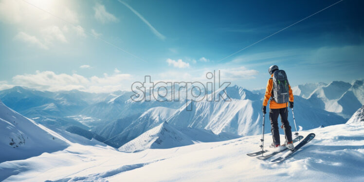 Man on a mountain hiking snowy winter - Starpik Stock