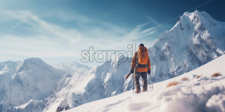 Man on a mountain hiking, winter snow - Starpik Stock