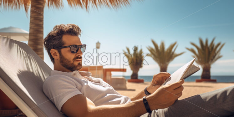 Man on the beach reading a book - Starpik Stock