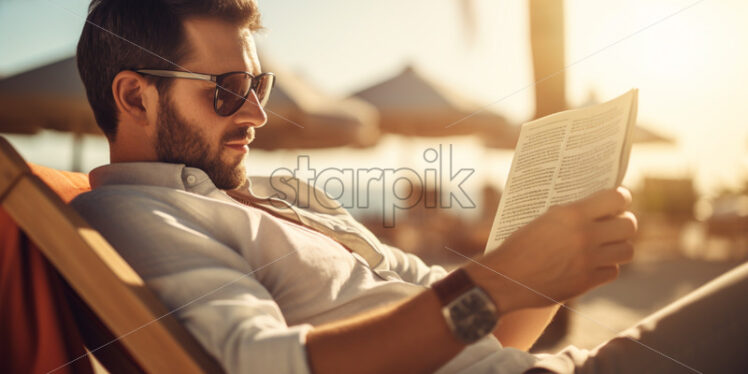 Man on the beach reading a book - Starpik Stock