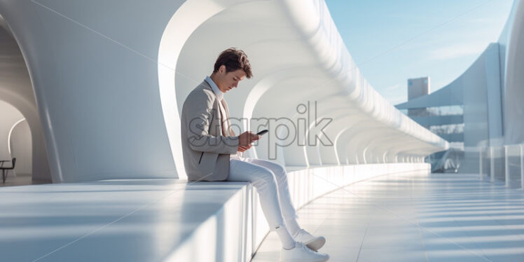 Man texting on a phone wearing white suite, modern business center - Starpik Stock