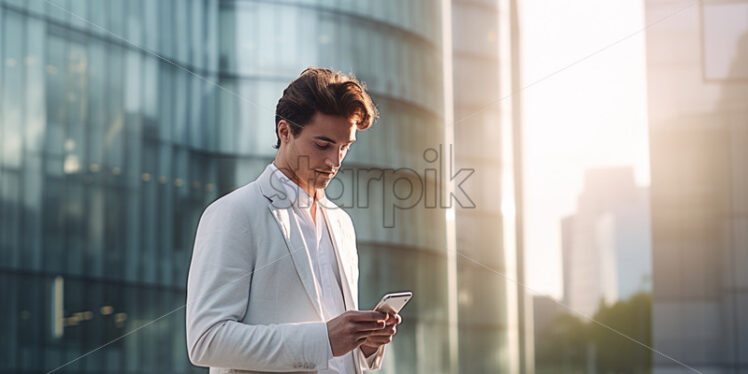 Man texting on a phone wearing white suite, modern business center - Starpik Stock