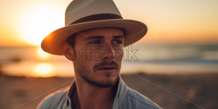 Man wearing a hat on the beach sunset view - Starpik Stock