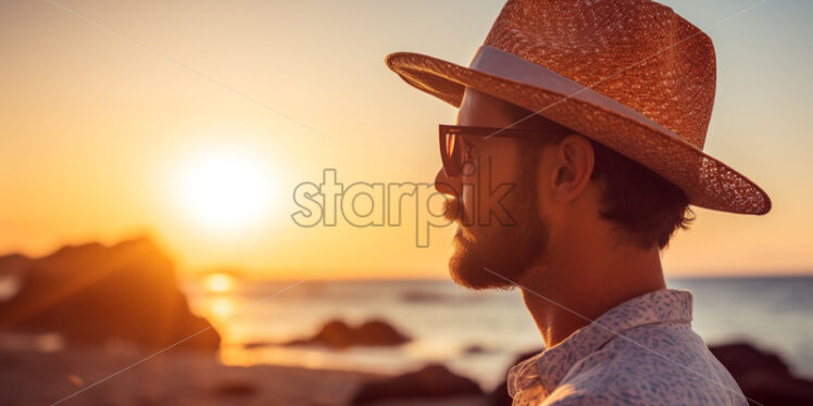 Man wearing a hat on the beach sunset view - Starpik Stock