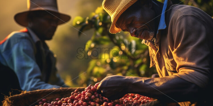 Man workers collecting holding coffee beans harvesting fresh soft colours - Starpik