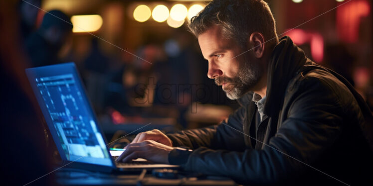 Man working on a laptop in a cafe - Starpik Stock