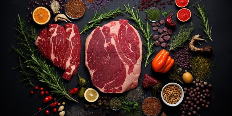 Meat with spices on black background, top view - Starpik Stock