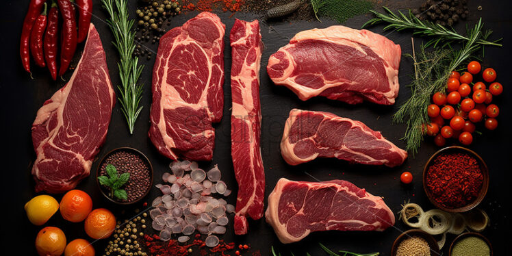 Meat with spices on black background, top view - Starpik Stock