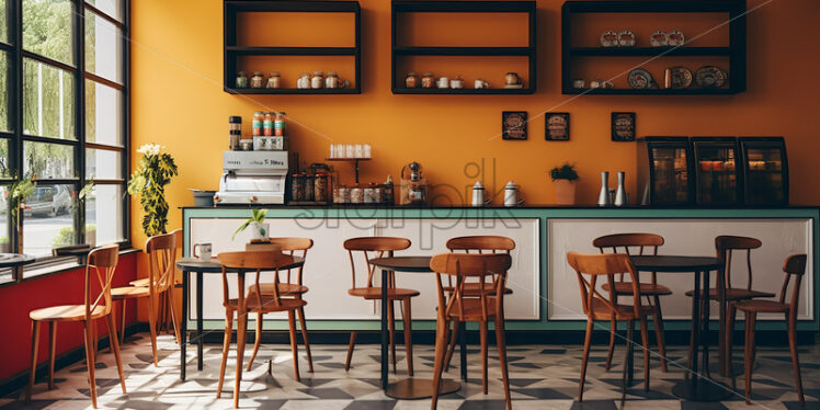 Minimalist Cafe Architecture in the city clear wall glass in a yellow wall and white counter with wooden chair - Starpik Stock