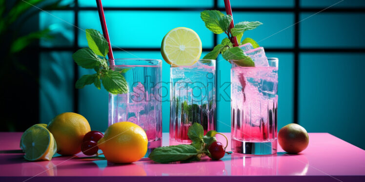 Mint and fruit cocktails, vibrant colors - Starpik Stock