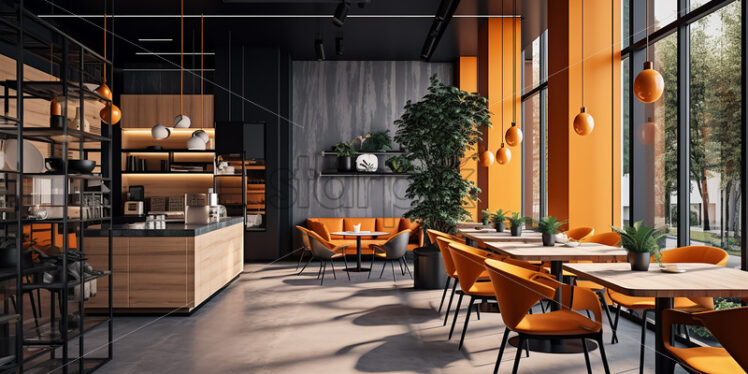 Modern Cafe Architecture in the city in a orange chair with indoor plants minimalist but elegant theme - Starpik Stock