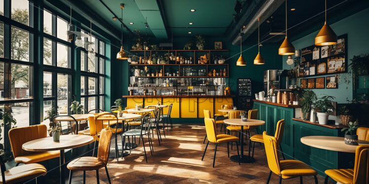 Modern Cafe architecture in the city in a teal and yellow theme  and classy ambience - Starpik Stock