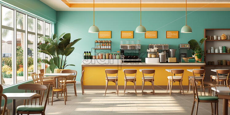 Modern Cafe architecture in the city in a yellow an light blue wall and wooden chair in a bright ambience and neat theme  - Starpik Stock