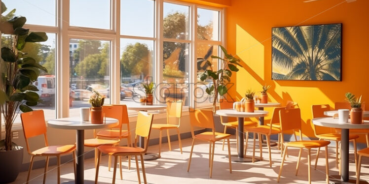 Modern Cafe in the city with clear glass wall and a white table and a orange chair with some indoor plants in a refreshing vibes - Starpik Stock