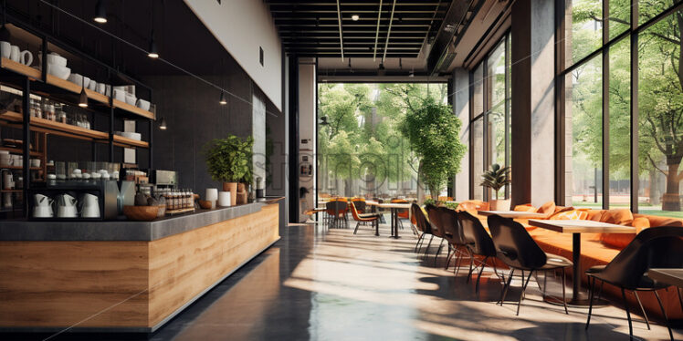 Modern Cafe in the city with clear glass wall and wooden counter with classy chairs and tables - Starpik Stock