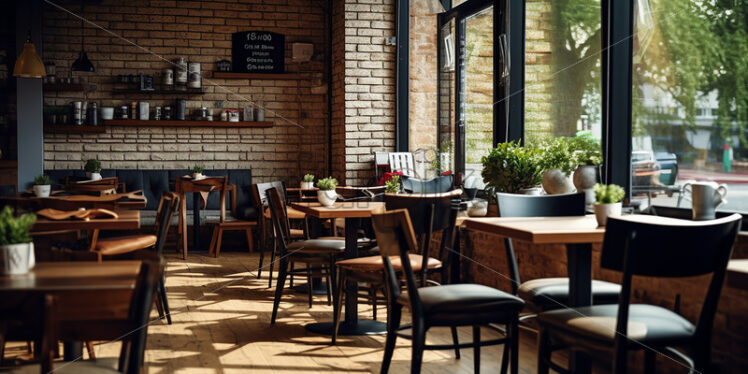 Modern Cafe in the city with clear glass wall and wooden tblle and a black chair with in indoor plants with a cinematic vibes - Starpik Stock