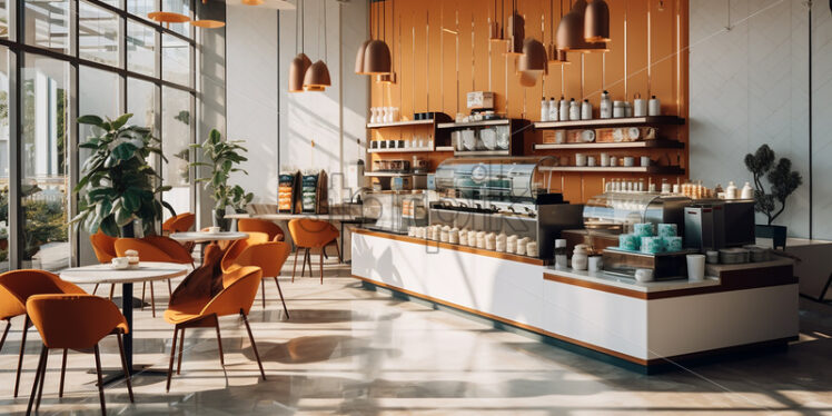 Modern Cozy Cafe architecture in the city in clear glass wall with white table and a rustic color chair with some indoor plants - Starpik Stock