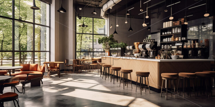 Modern Cozy Cafe architecture in the city with clear glass wall and wooden table and a black chair with  indoor plants with a cinematic vibes - Starpik Stock