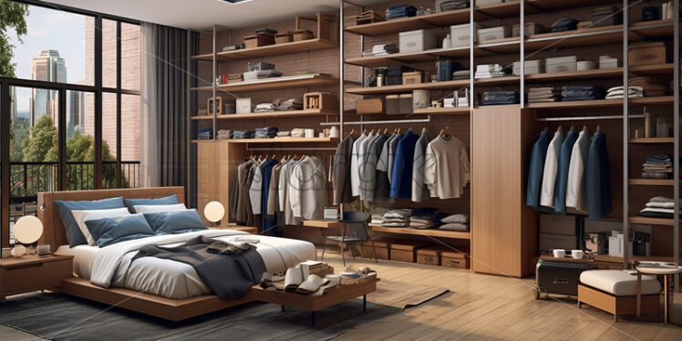 Modern Master Bedroom in the city with many clothes beside the bed wall - Starpik Stock