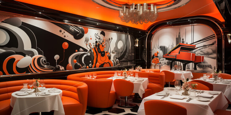 Modern Restaurant in the city with classy theme and a black white and orange wall an abstract wall paint with cozy resto - Starpik Stock