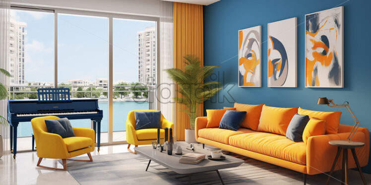 Modern apartment architecture in the city with clear glass wall in the couch with bright ambience in a yellow and blue theme with balcony - Starpik Stock