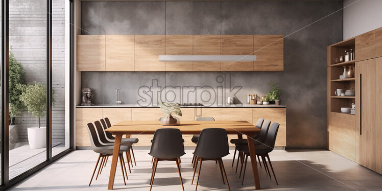 Modern apartment architecture in the city with clear glass wall in the kitchen and dining table with bright ambience in a wood and gray theme with veranda - Starpik Stock