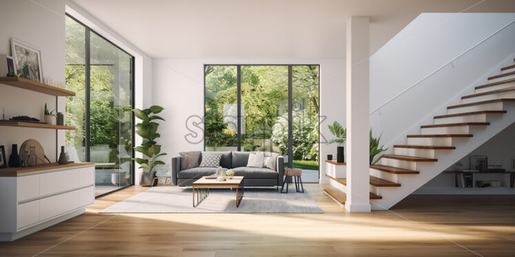 Modern apartment architecture in the city with clear glass wall in the lounge and shelves with bright ambience cozy couch and wood stair with glass in a minimalist theme but an elegant one - Starpik Stock