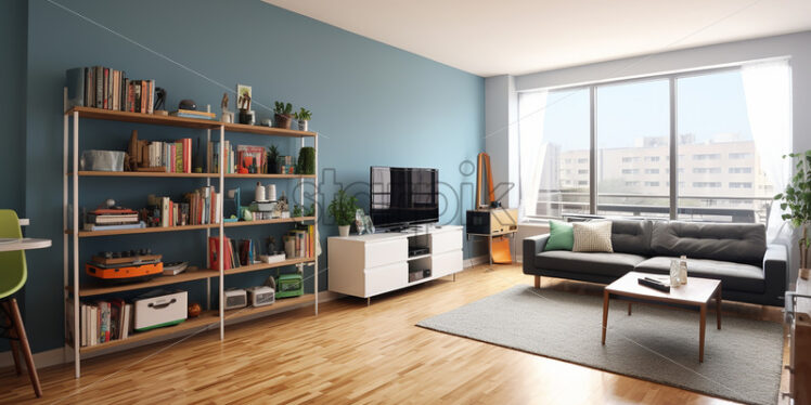 Modern apartment architecture in the city with clear glass window and a gray couch with bright ambience in a white and blue theme with book racks and tv in the lounge - Starpik Stock