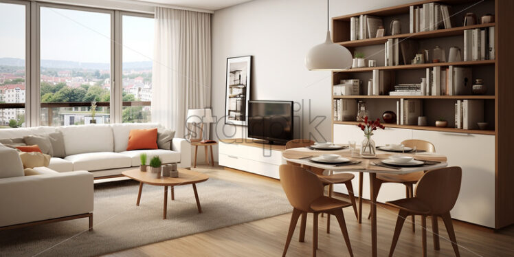 Modern apartment in the city, small apartment but a cozy ambience from dining, book shelves cozy couch and for entertainment a flat Television and their clear glass - Starpik Stock