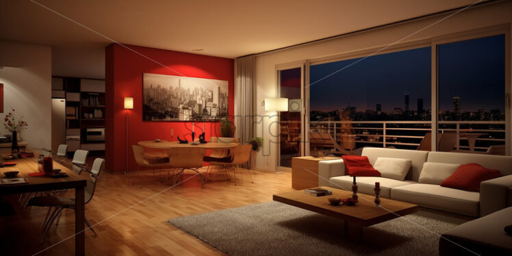 Modern cozy apartment architecture in the city with balcony that sees city lights and a cozy couch, classy dining table and a book shelves  - Starpik Stock