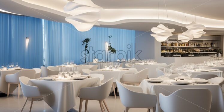 Modern cozy restaurant in the city in all white fine dining theme and a cozy vibes - Starpik Stock