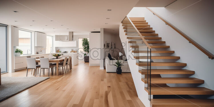 Modern elegant house in the city, minimalist dining, kitchen and classy stair, an elegant ambience with white theme and indoor plants - Starpik Stock