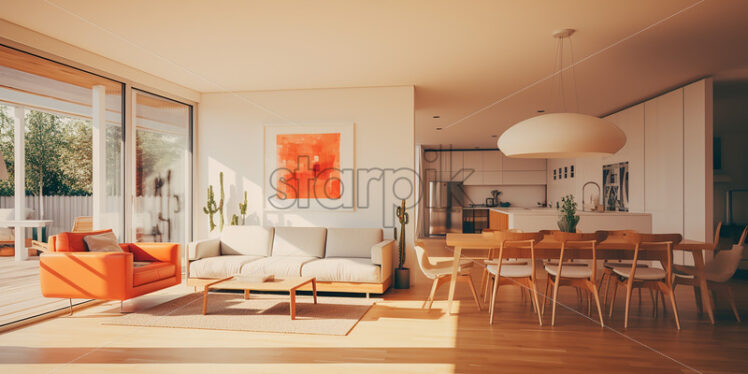 Modern elegant house in the city, wooden dining, kitchen and classy couch, an elegant ambience with white theme and indoor plants - Starpik Stock