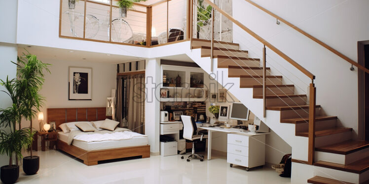 Modern house architecture in the city with bedframe in the   with bright ambience modern couch and balcony - Starpik Stock